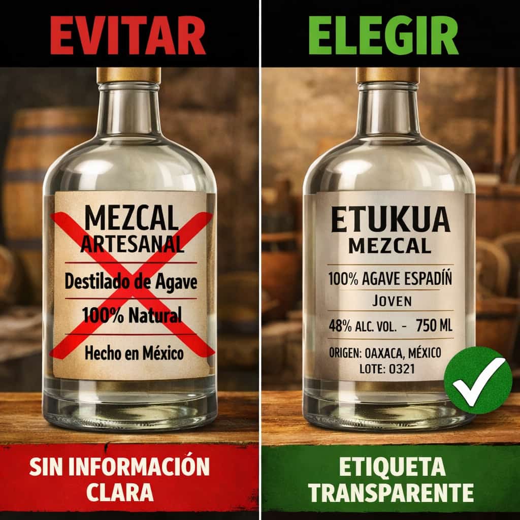 Diseño comparativo: Lado izquierdo muestra una etiqueta de mezcal confusa con una "X" roja. Lado der