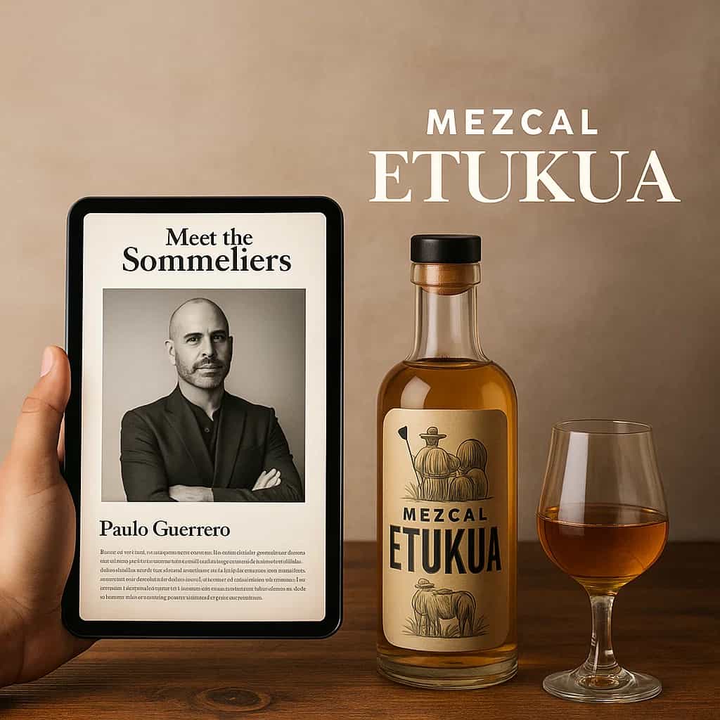 Una mano sosteniendo una tablet que muestra un perfil de un sommelier reconocido, con una botella