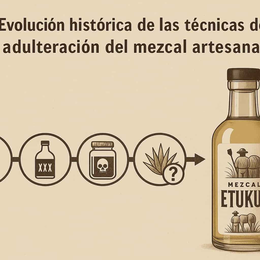 Línea de tiempo visual que muestra la evolución de las técnicas de adulteración del mezcal, desde mé