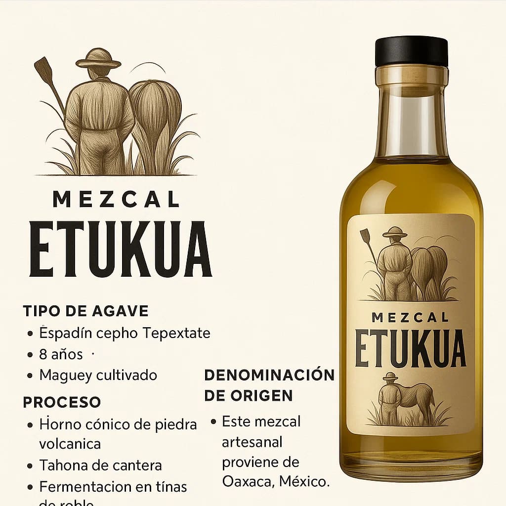  Ficha técnica completa de mezcal artesanal mostrando tipo de agave, proceso y denominación de orige