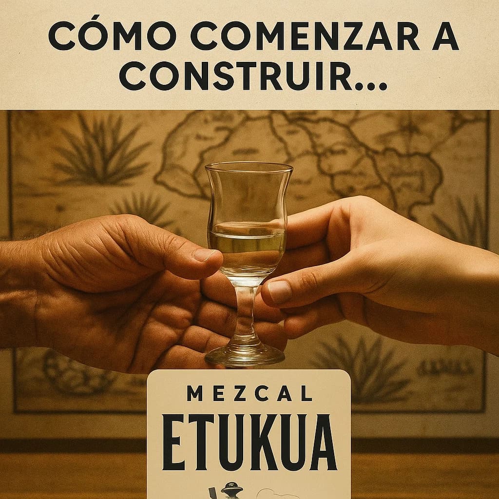 Manos de un experto y un novio intercambiando una copa con mezcal Etukua, sobre un mapa de regiones 