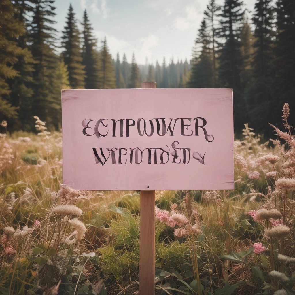 A pink wooden sign with empowering calligraphy stands in a meadow surrounded by tall pine trees and wildflowers.