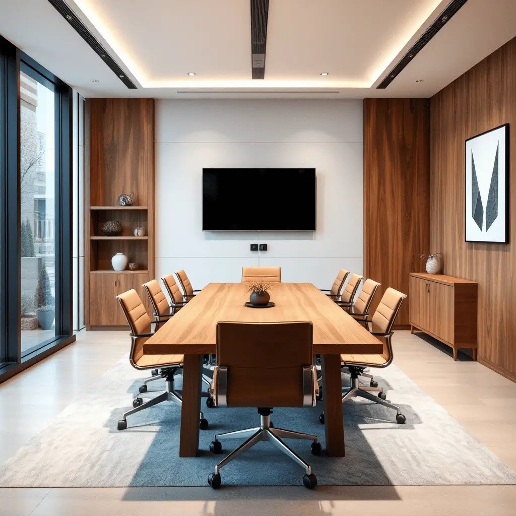 Sala de reunião com mesa tv e cadeiras de couro marrom
