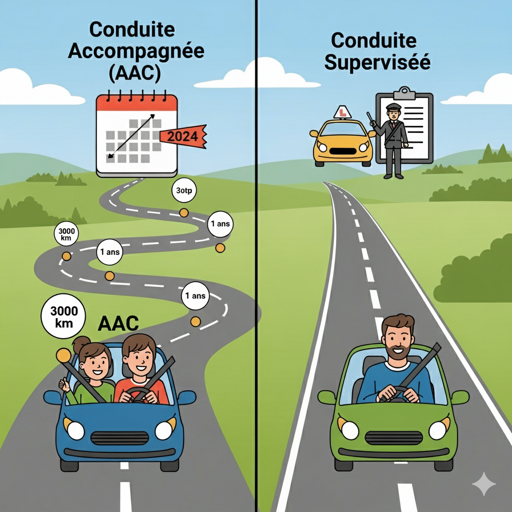 différences conduite accompagnée et conduite supervisée