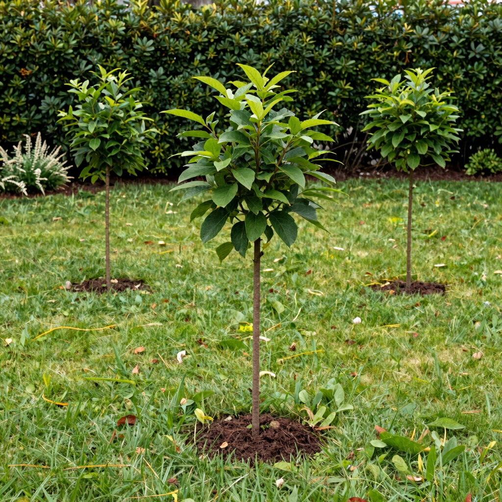 Three small planted garden saplings with green leaves in a lawn with a hedge background.