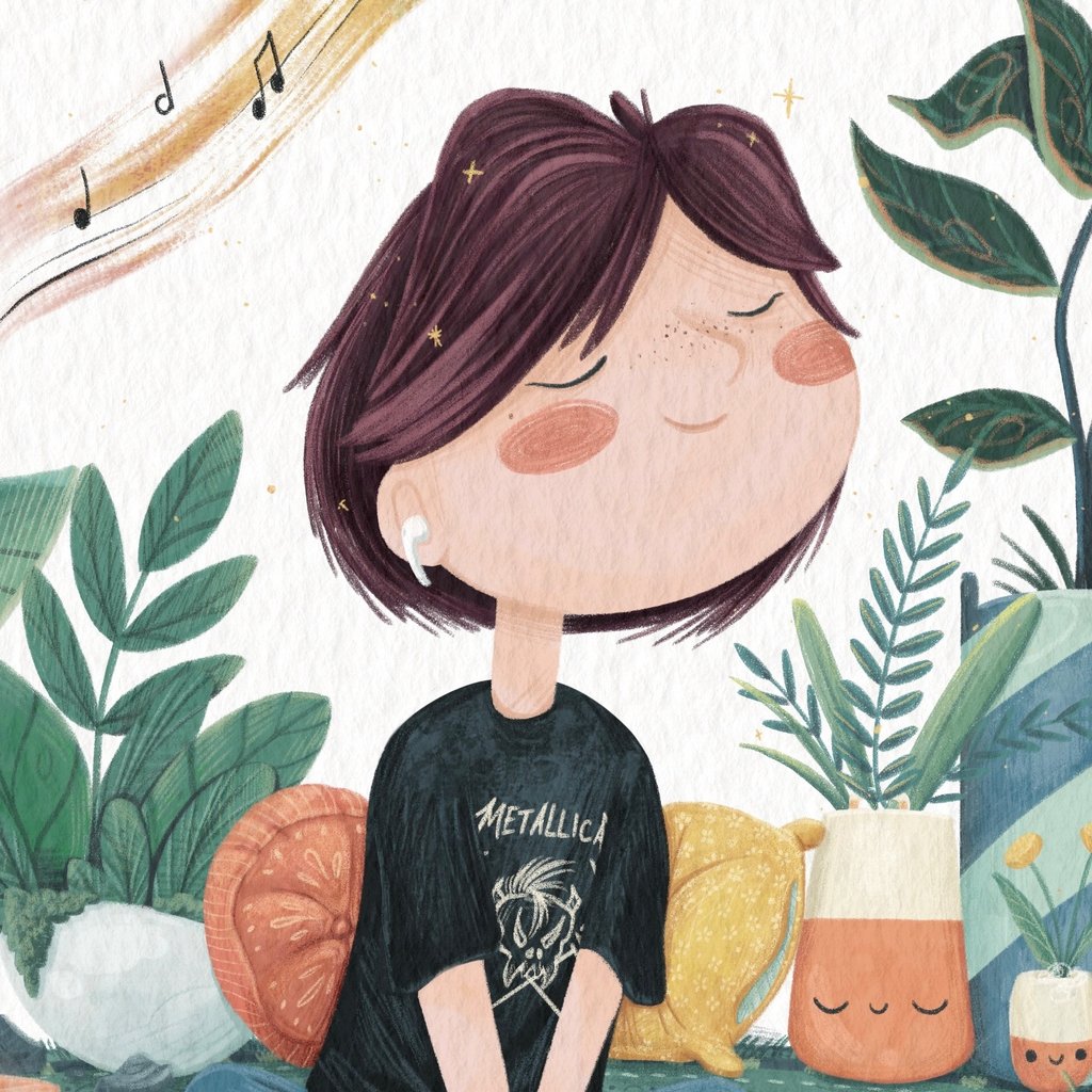 Illustrated self portrait of Sonya Hammond Mullins wearing Metallica shirt