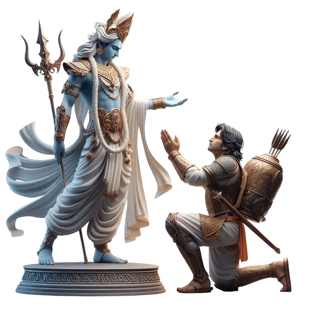 श्रीकृष्ण अर्जुन को दिव्य उपदेश देते हुए, अर्जुन समर्पण मुद्रा में