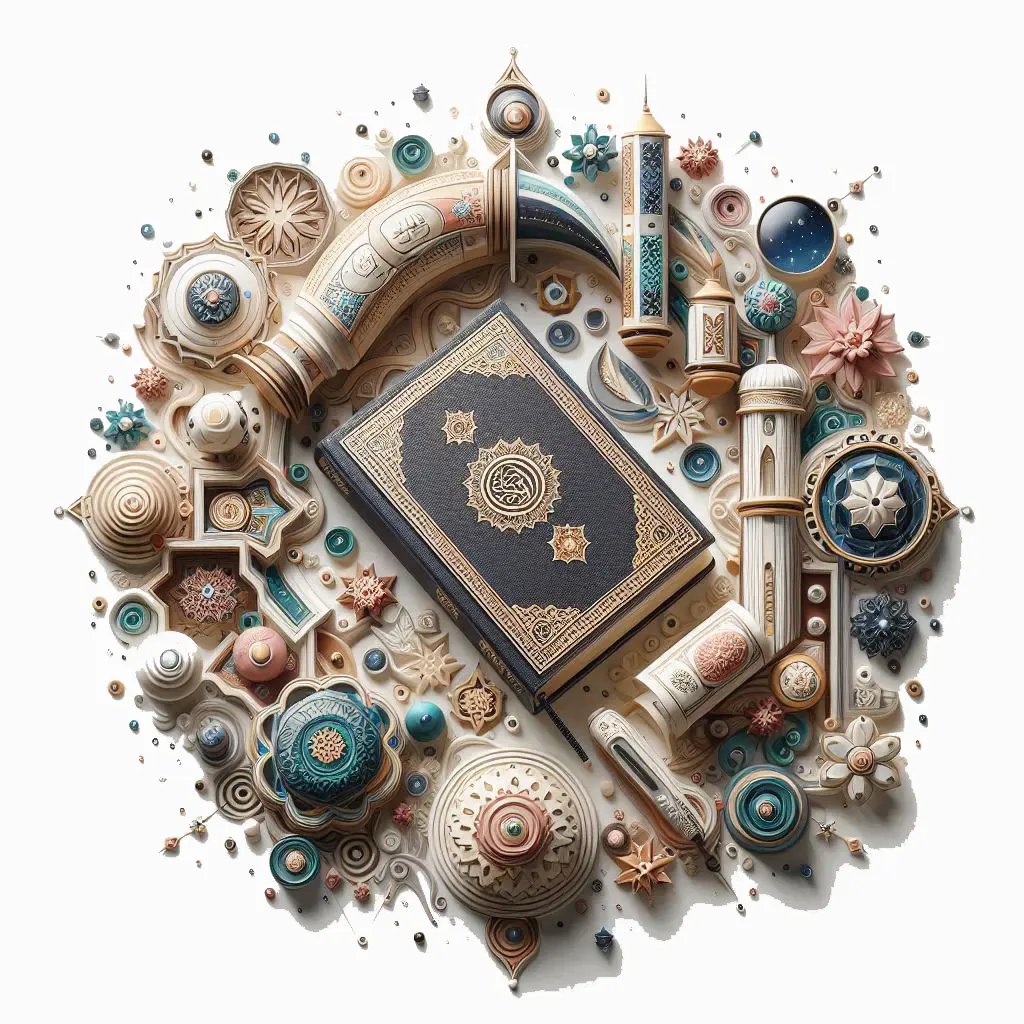 कुरान को घेरे हुए इस्लामिक सजावटी प्रतीक, सफेद पृष्ठभूमि में