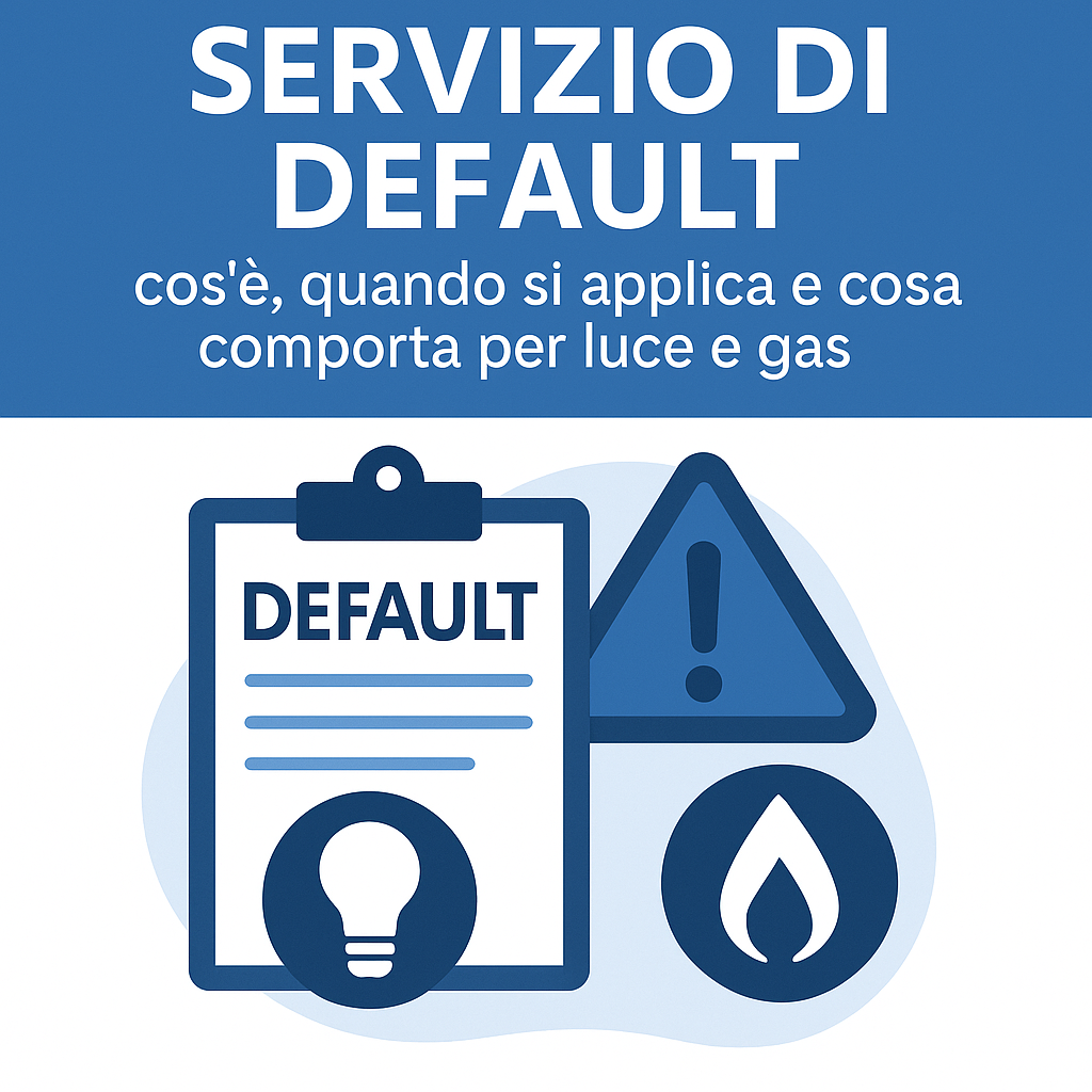 rafica sul Servizio di Default luce e gas, con icone di avviso, lampadina e fiamma.