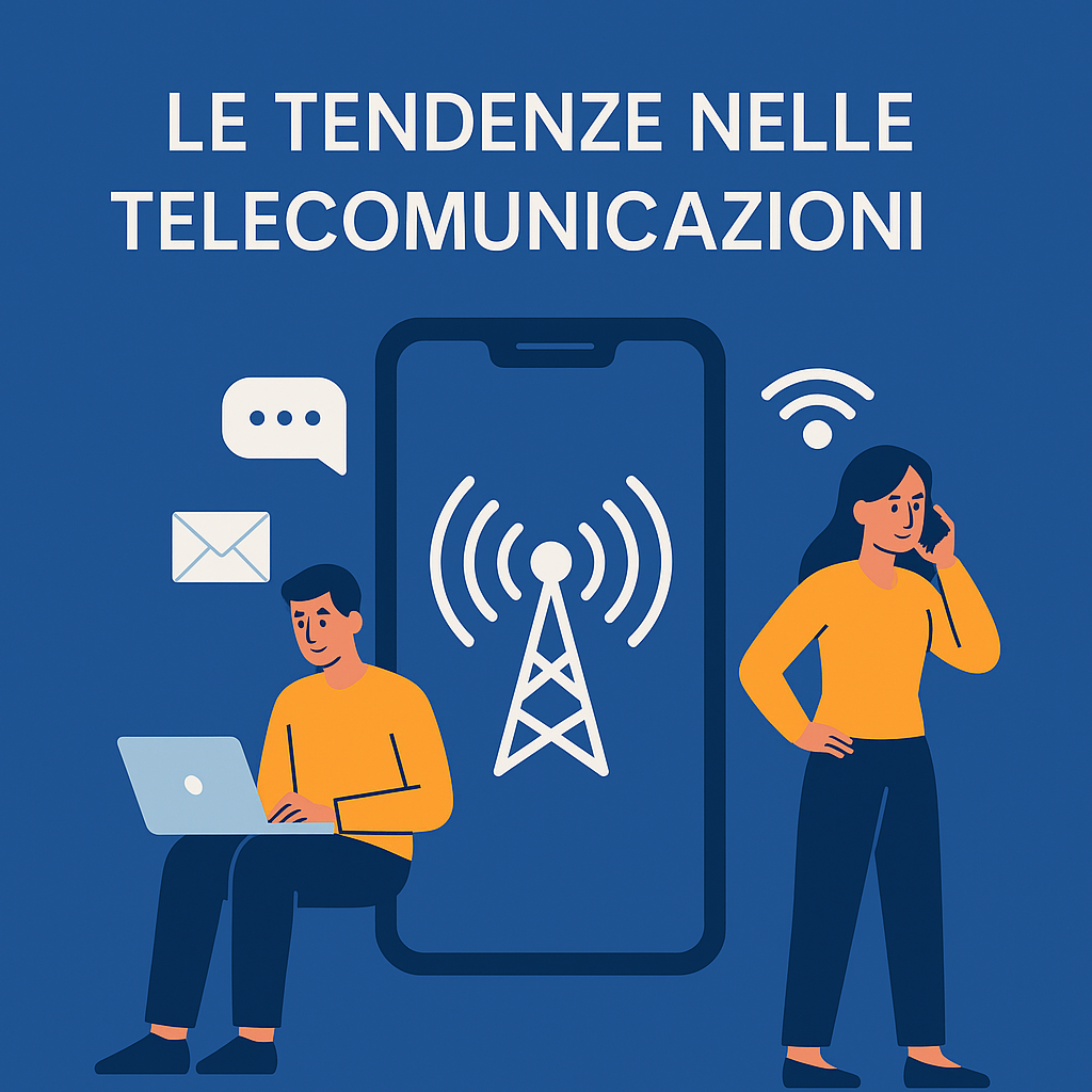 Grafica flat blu con persone, smartphone e icona antenna.