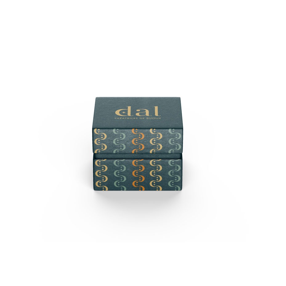 Identité visuelle DAL Créations, application logo et motif sur packaging, boîte à bijoux