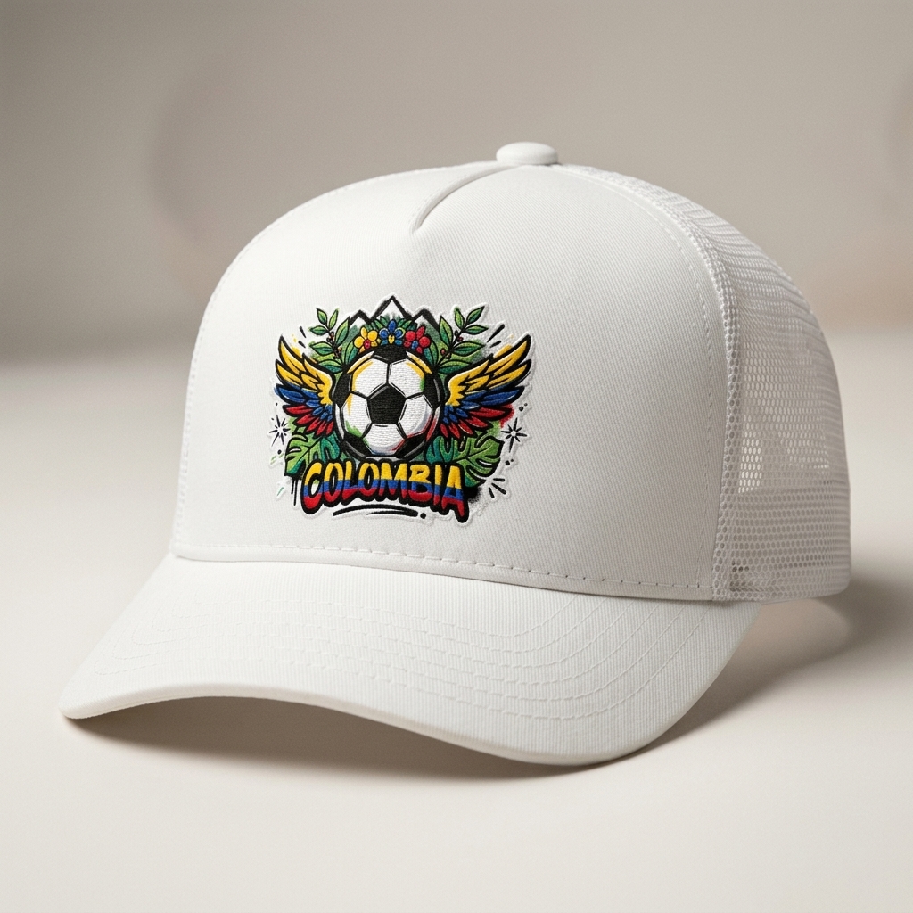 White La Cresta Snapback hat with bold colorful Colombian crest