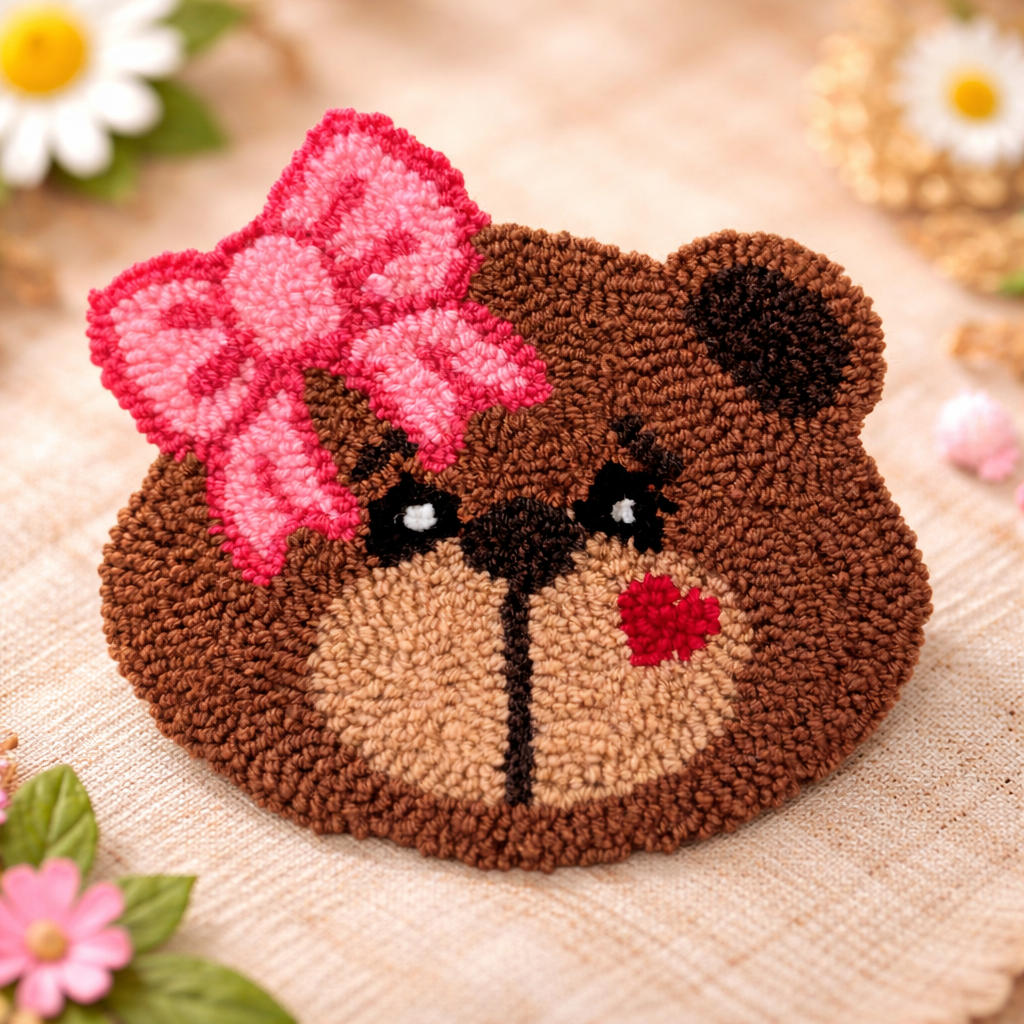 Cozy handmade punch needle bear artwork with pink bow