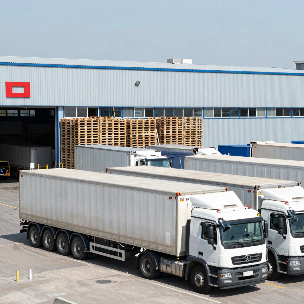 A delivery truck loaded with pallets ready to be shipped under a clear blue sky.