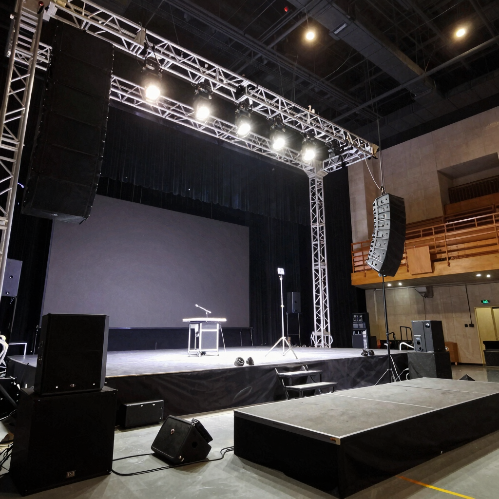 Professional stage setup with lighting truss, line array speakers, and a podium for live events.