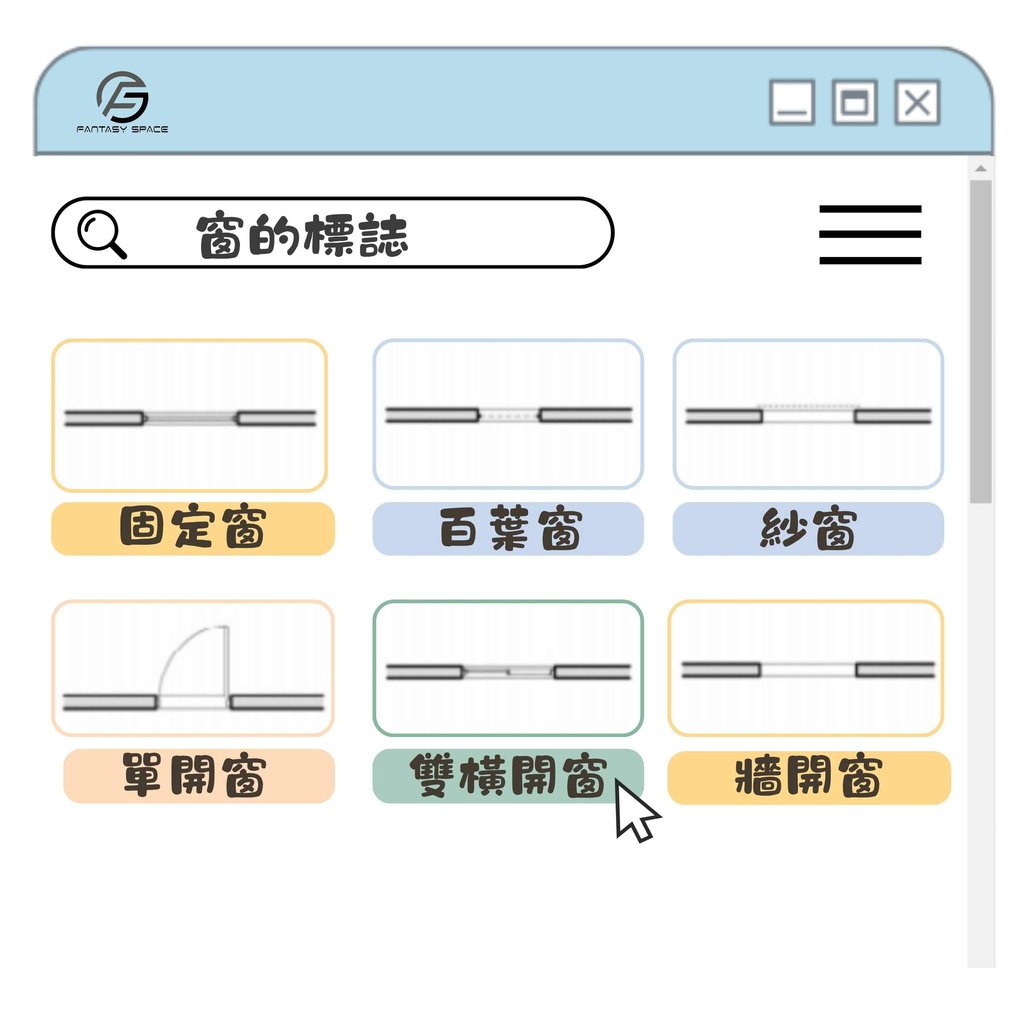 平面圖門窗符號辨識-單開窗百葉窗雙趟門摺疊門圖標