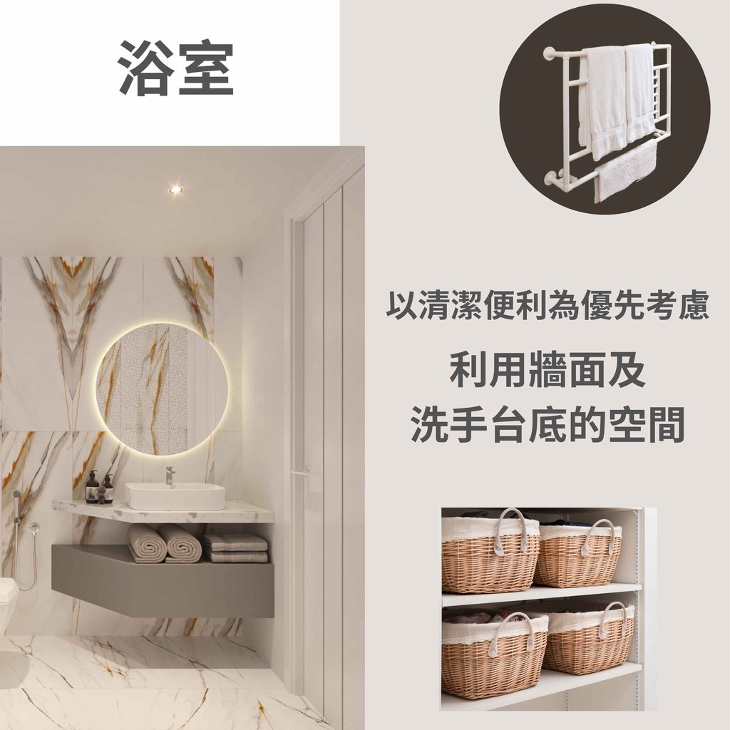浴室裝修建議-懸空浴櫃與牆面收納籃