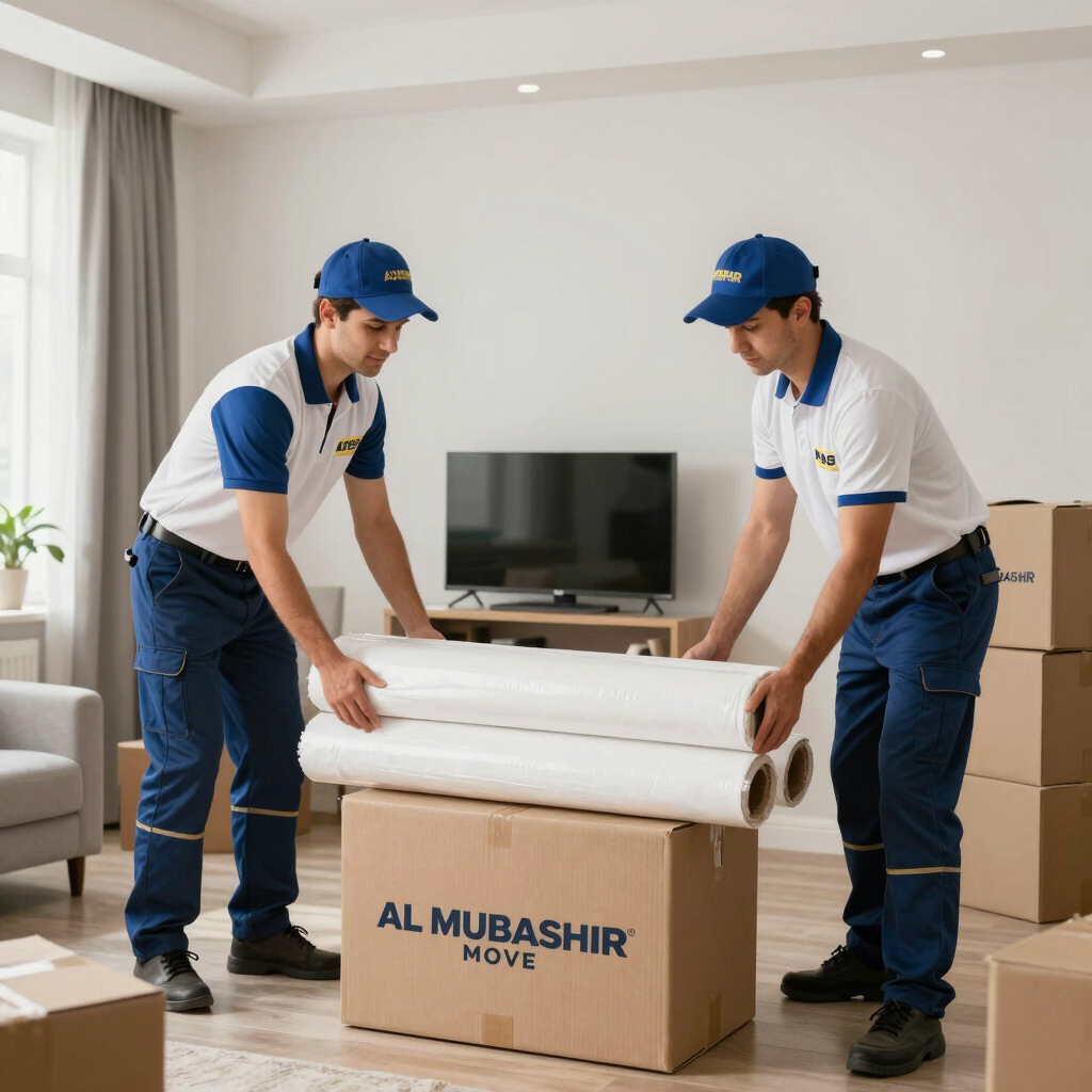 Professional movers loading padded furniture into a clean moving truck outside a modern residential building in Middle Eastern / Gulf (Abu Dhabi, UAE).