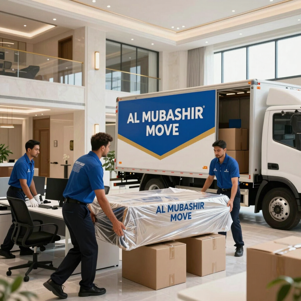 Professional moving team meticulously wrapping wooden furniture with protective blankets inside an apartment in Middle Eastern / Gulf (Abu Dhabi, UAE).