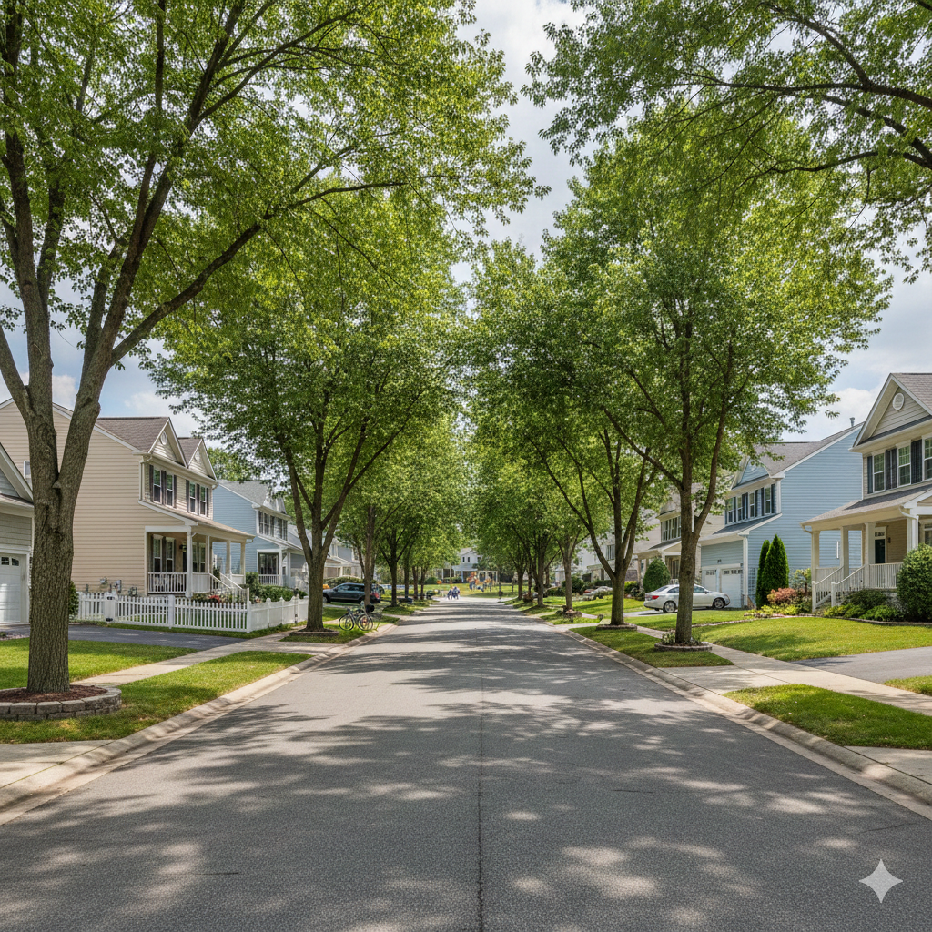 Tree-lined suburban street with modern family homes, green lawns in Chanhassen, MN