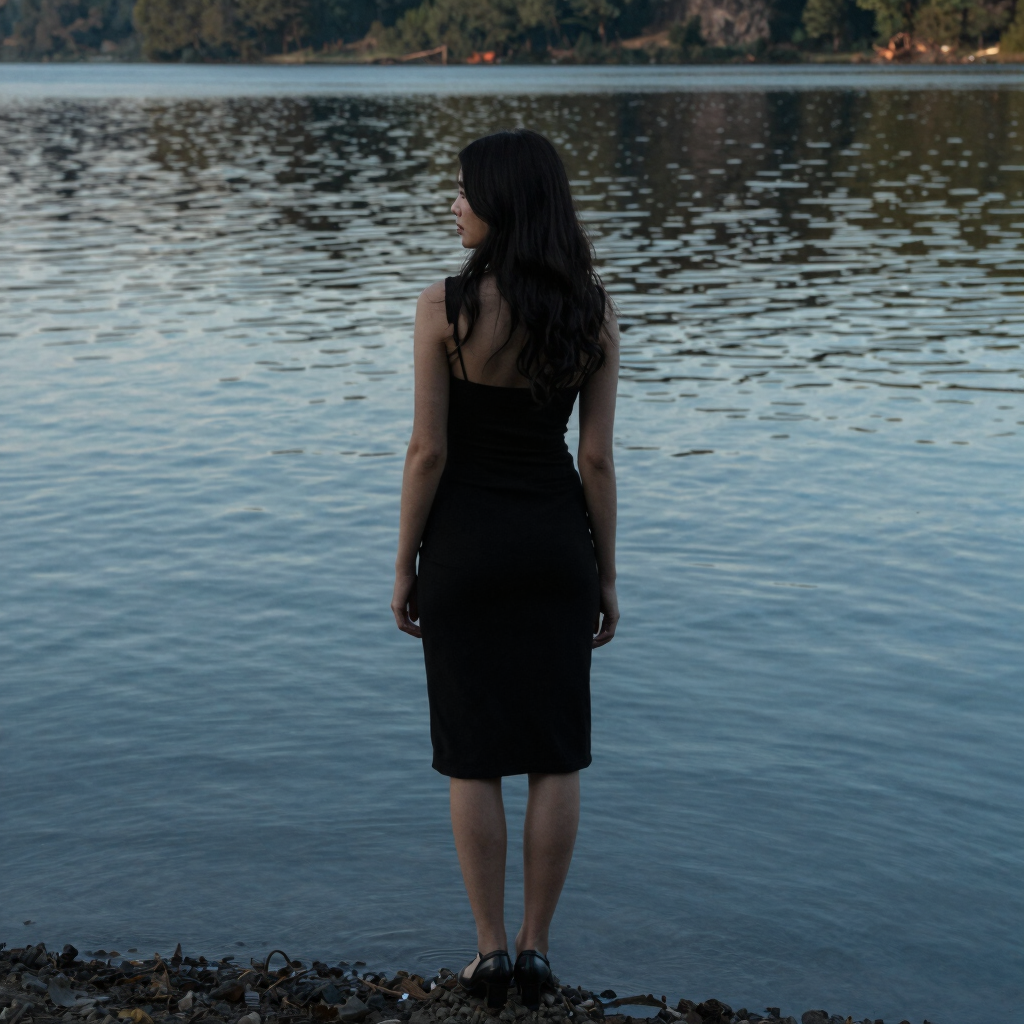A woman in a black dress stands on a rocky shore looking out at a calm lake at dusk.