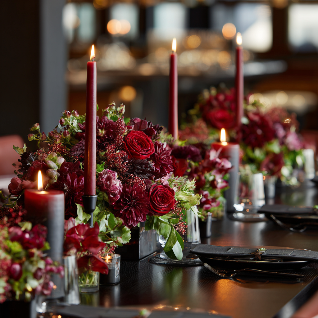 Elegant dinner table setting with red floral centerpieces and tall burgundy taper candles.