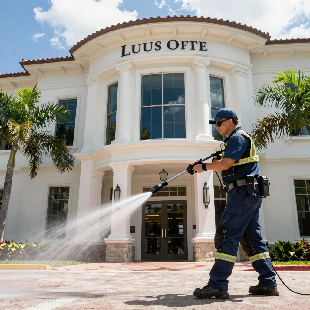 A team member pressure washing a large commercial building exterior under a bright blue sky.