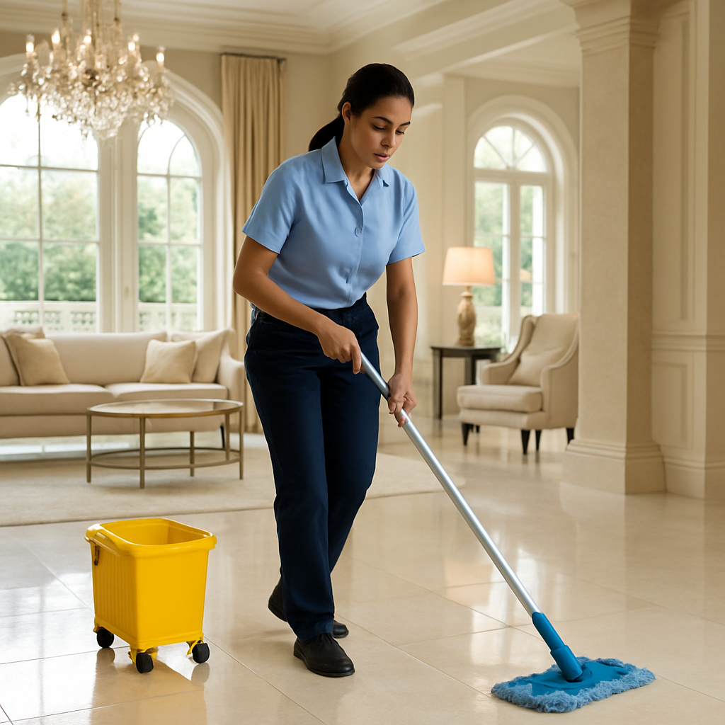 A professional cleaner in blue uniform carefully wiping down a large office floor.