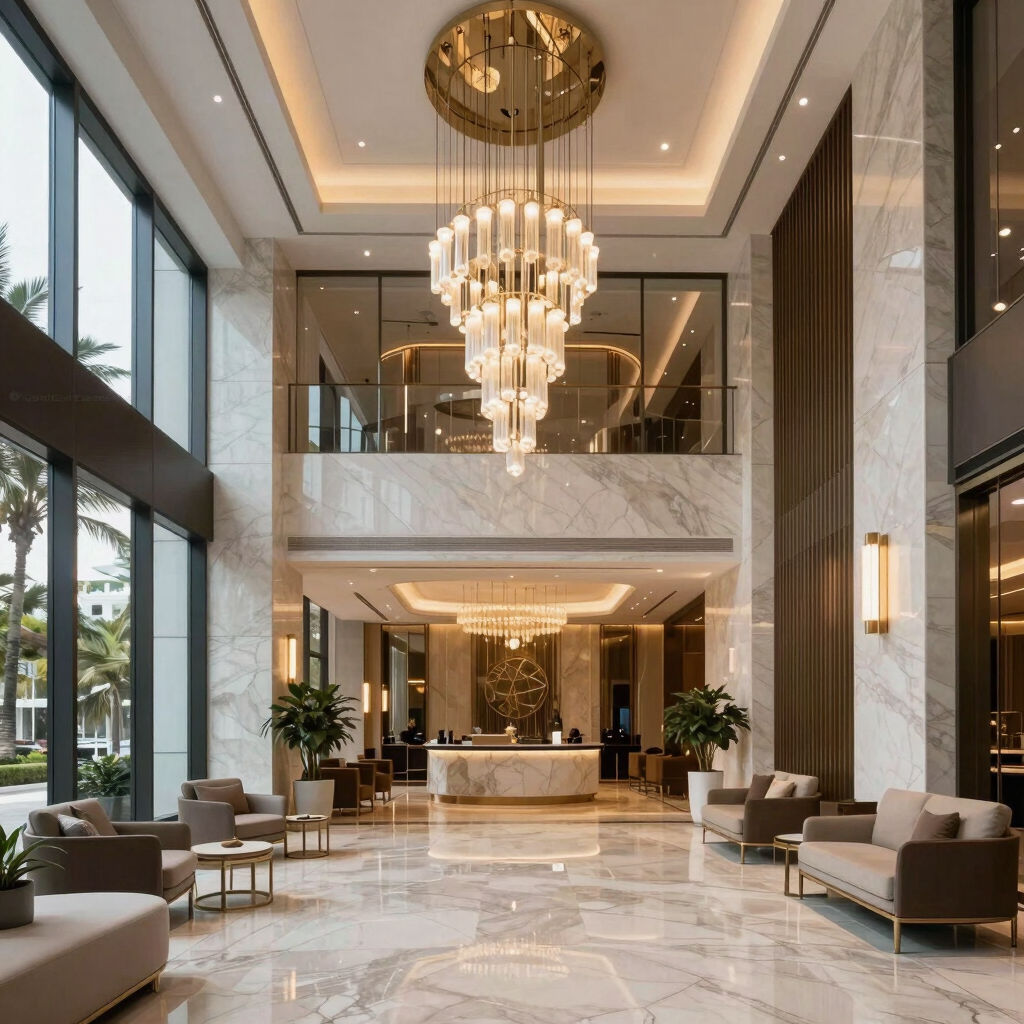 A gleaming office lobby floor freshly polished, reflecting soft blue lighting.