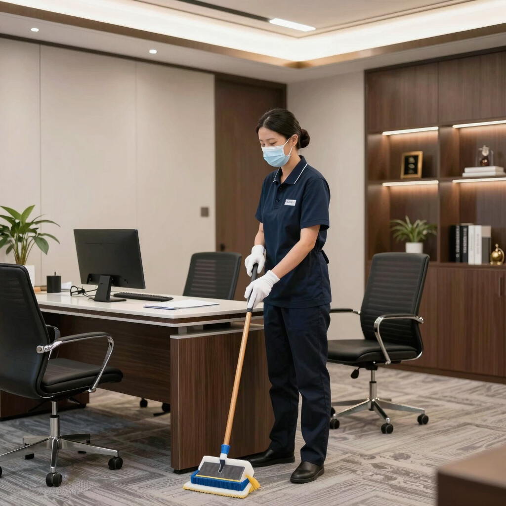 Professional cleaner in blue uniform carefully cleaning an office space.
