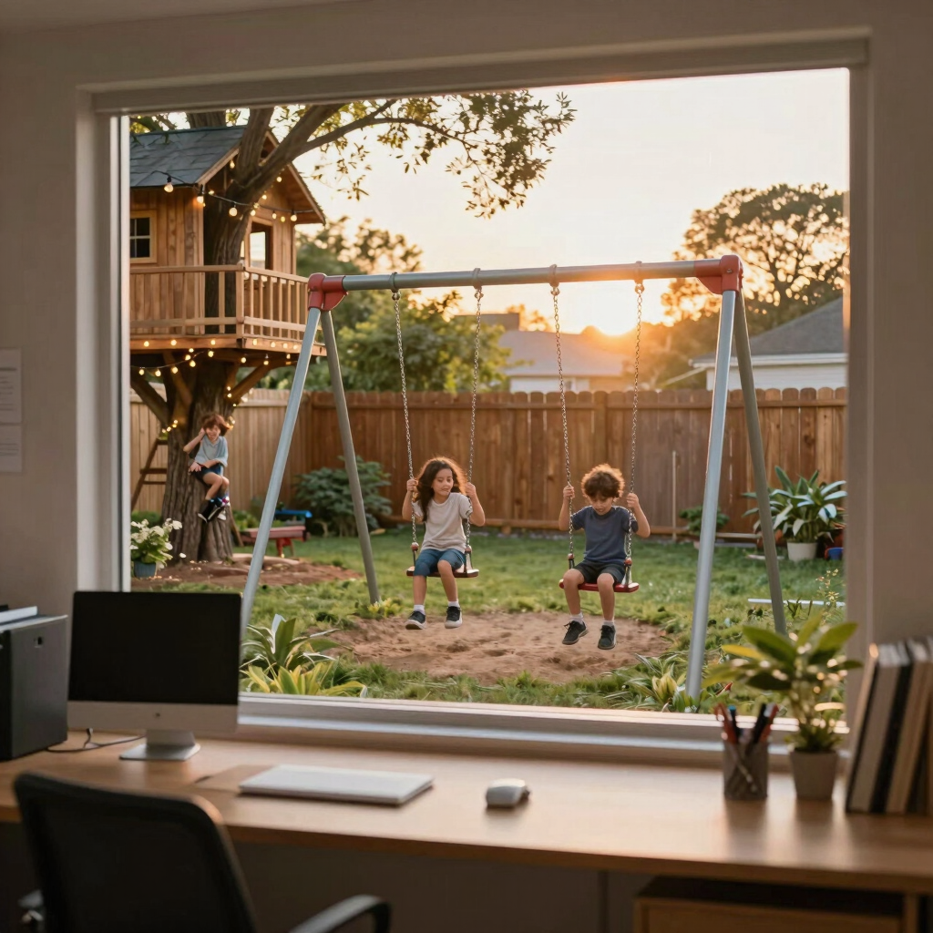 Children playing on a backyard swing set during sunset while family handles insurance planning