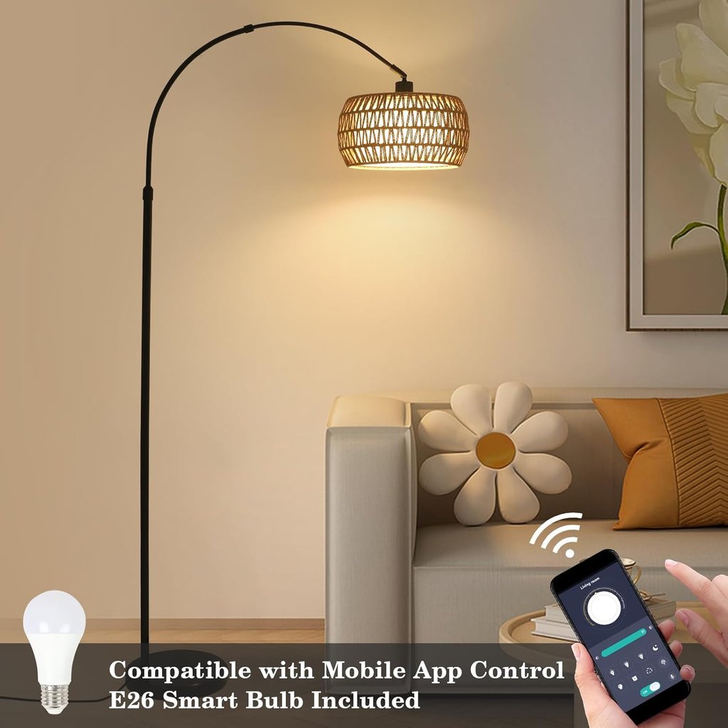Black arched floor lamp with a woven rattan shade and smartphone app control for smart bulb lighting.