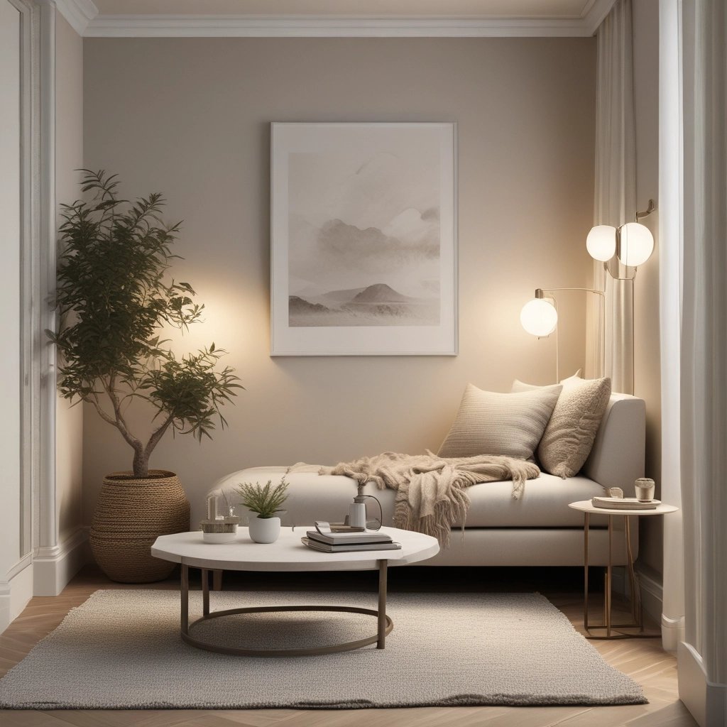Modern minimalist living room featuring a beige chaise lounge, marble coffee table, and warm lighting.