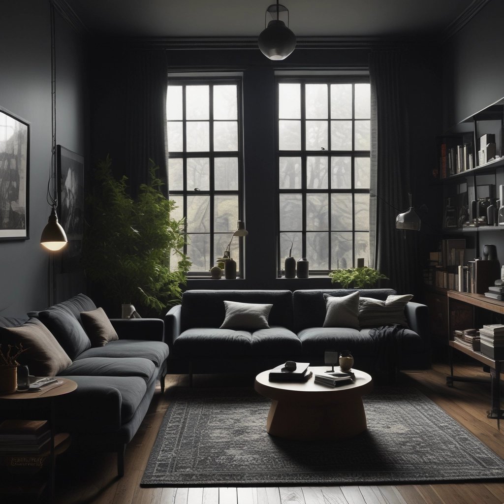 Modern dark living room interior with grey sofas, large industrial windows, and minimalist decor.