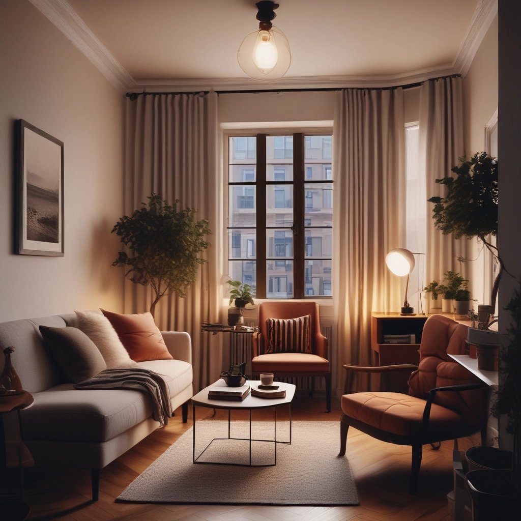 Cozy modern living room interior with warm lighting, mid-century furniture, and indoor plants.