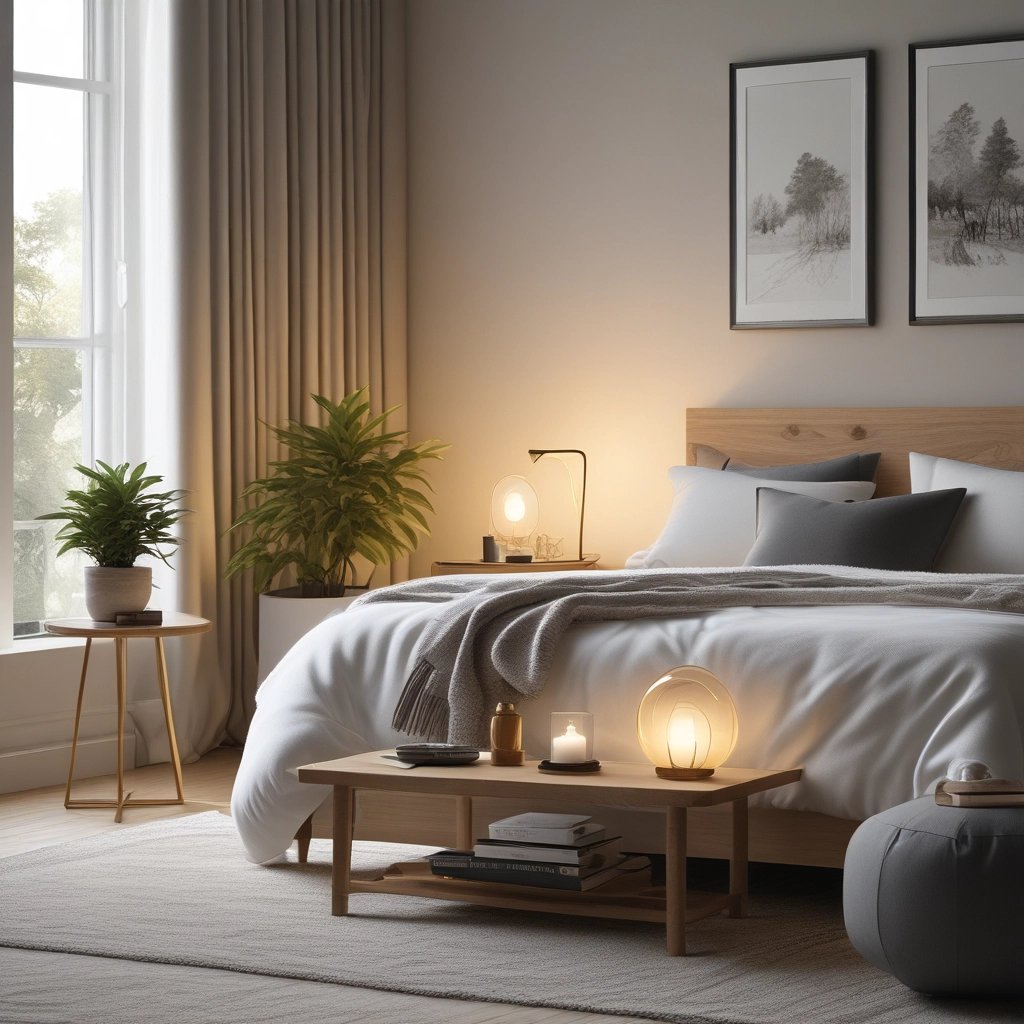 Modern cozy bedroom with a wooden bed, warm ambient lighting, indoor plants, and neutral decor.