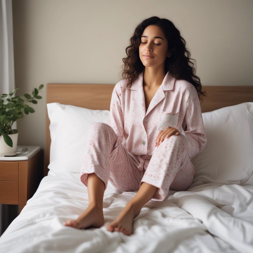 A woman in pink patterned pajamas sits on a white bed, enjoying a restful morning at home.