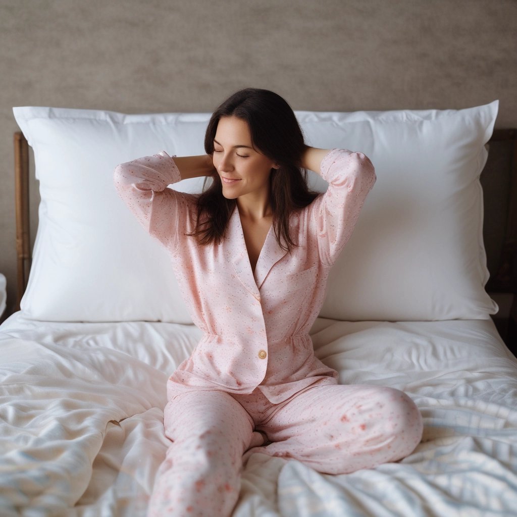 Smiling woman in pink pajamas waking up and stretching on a comfortable bed with white pillows.