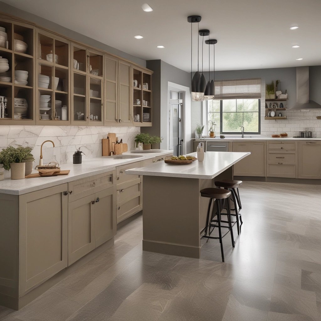 a kitchen with a large island and a bar stool