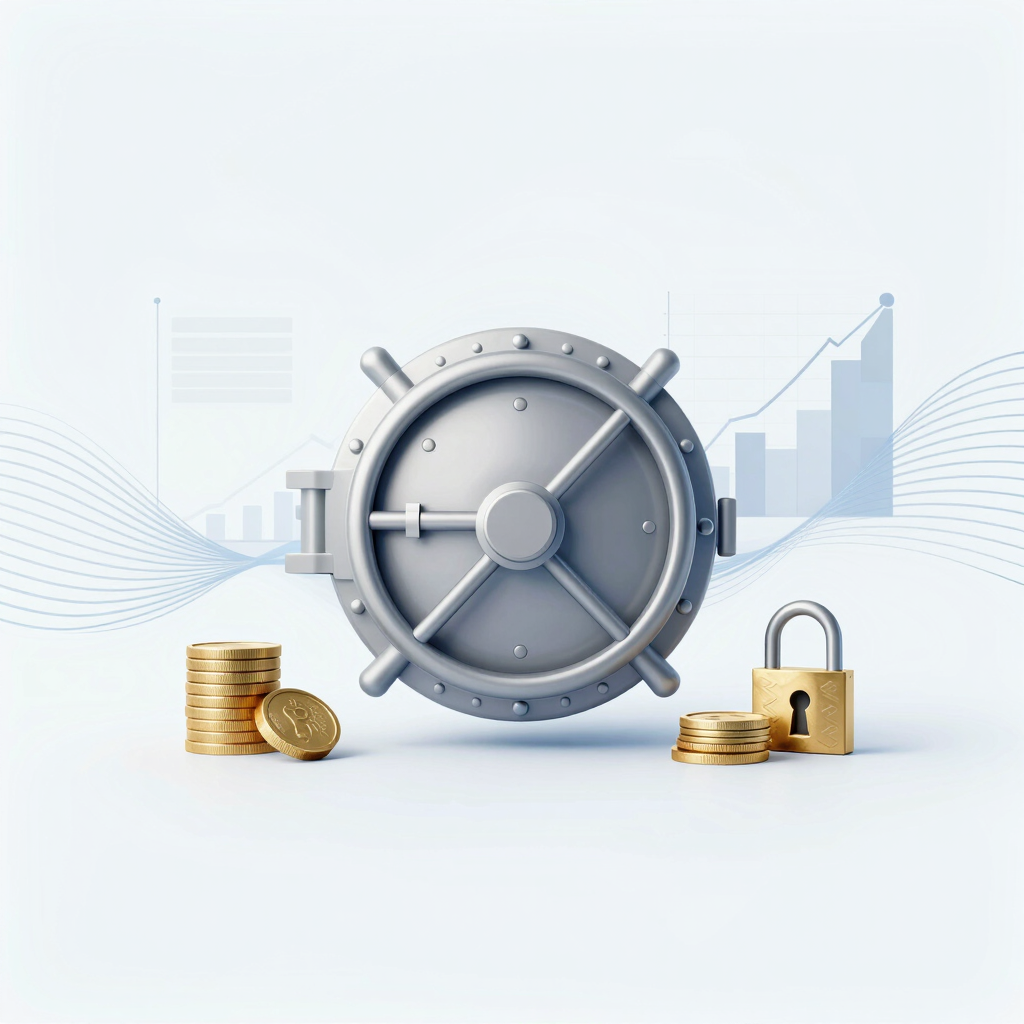 A secure silver bank vault door with gold coins and a padlock symbolizing financial safety and investment growth.
