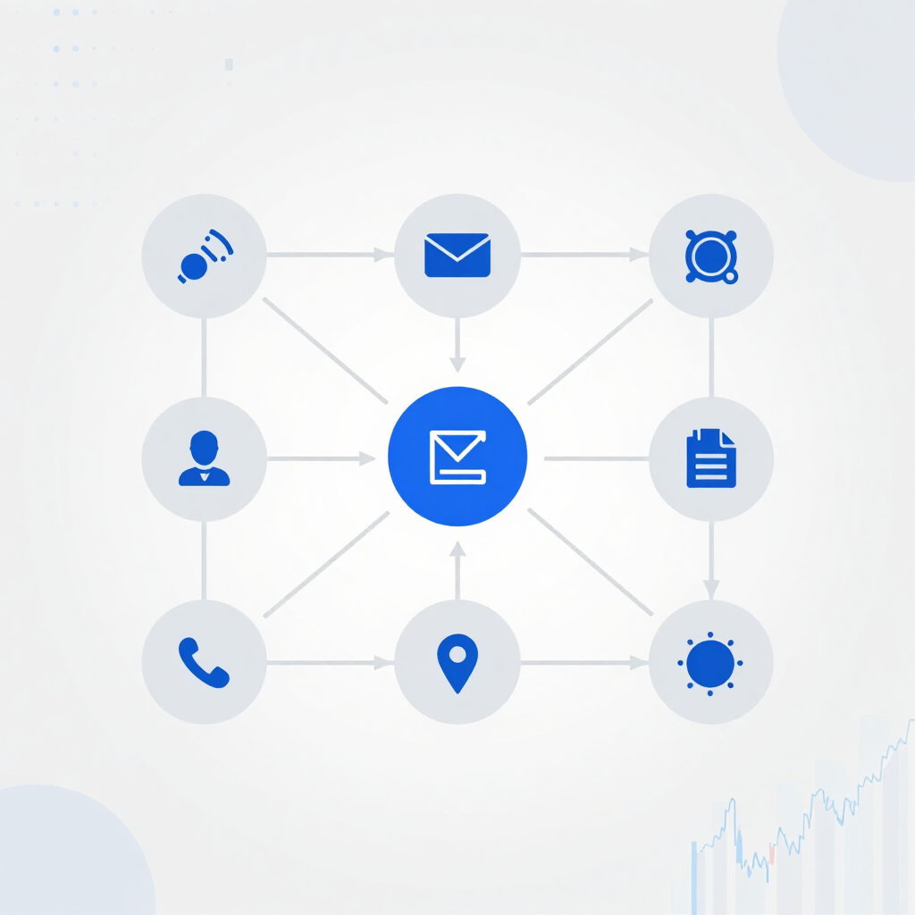 Digital communication network diagram showing email, location, and phone icons for connectivity.