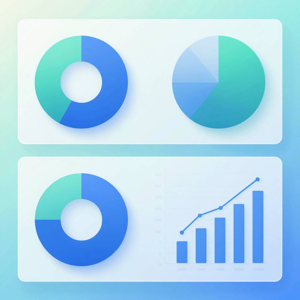 A collection of blue and teal data visualization charts, including donut, pie, and bar graphs.