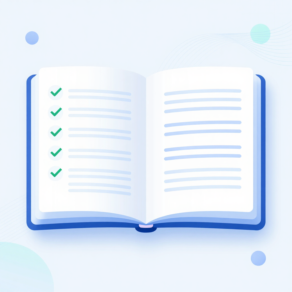 Open blue book illustration with green checkmarks on a white page checklist.