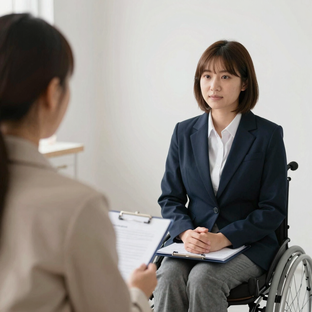 A woman in business attire sits in a wheelchair and answers interview questions.