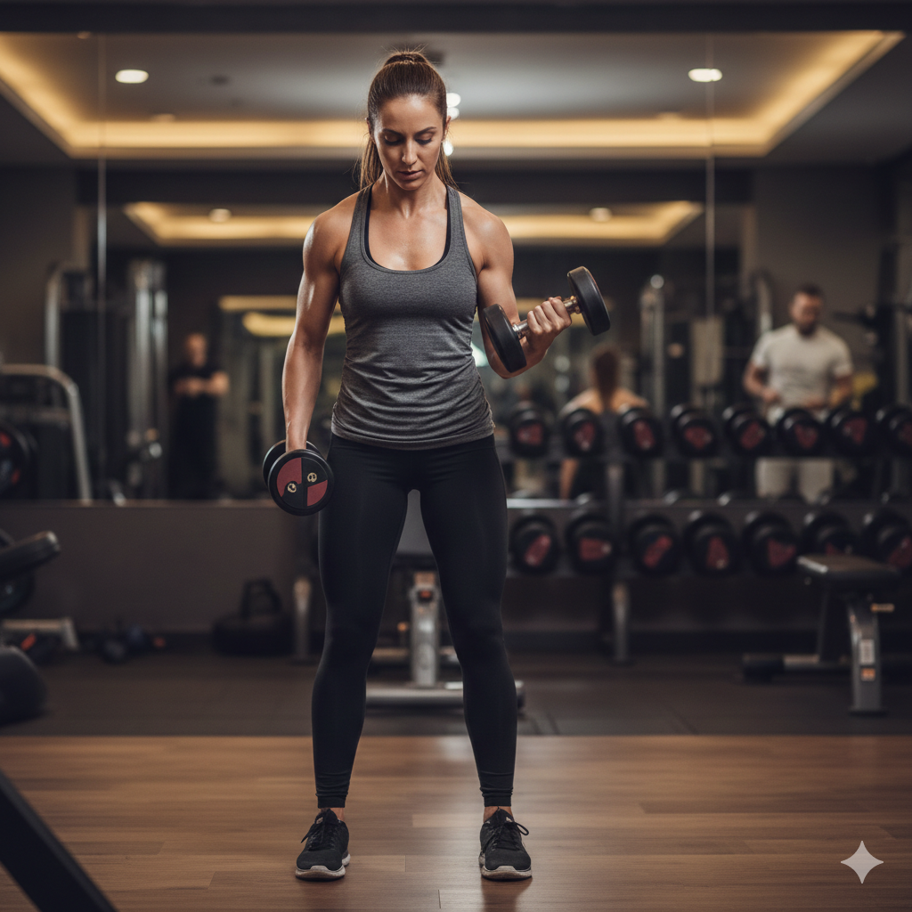 Mulher treinando em uma academia, levantando halteres