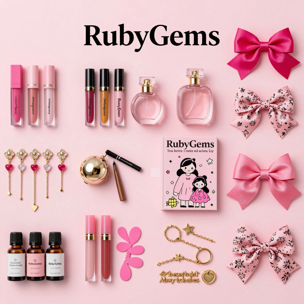 Collection of girly pink lifestyle items including Ruby Gems lip gloss, perfumes, hair bows, and jewelry.