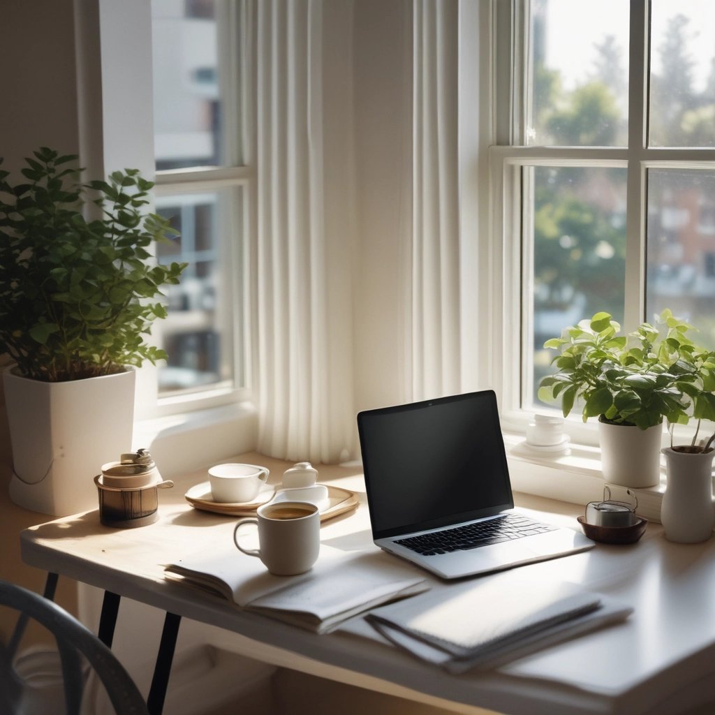 A cozy workspace with a laptop, a cup of coffee, and soft natural light streaming through a window.