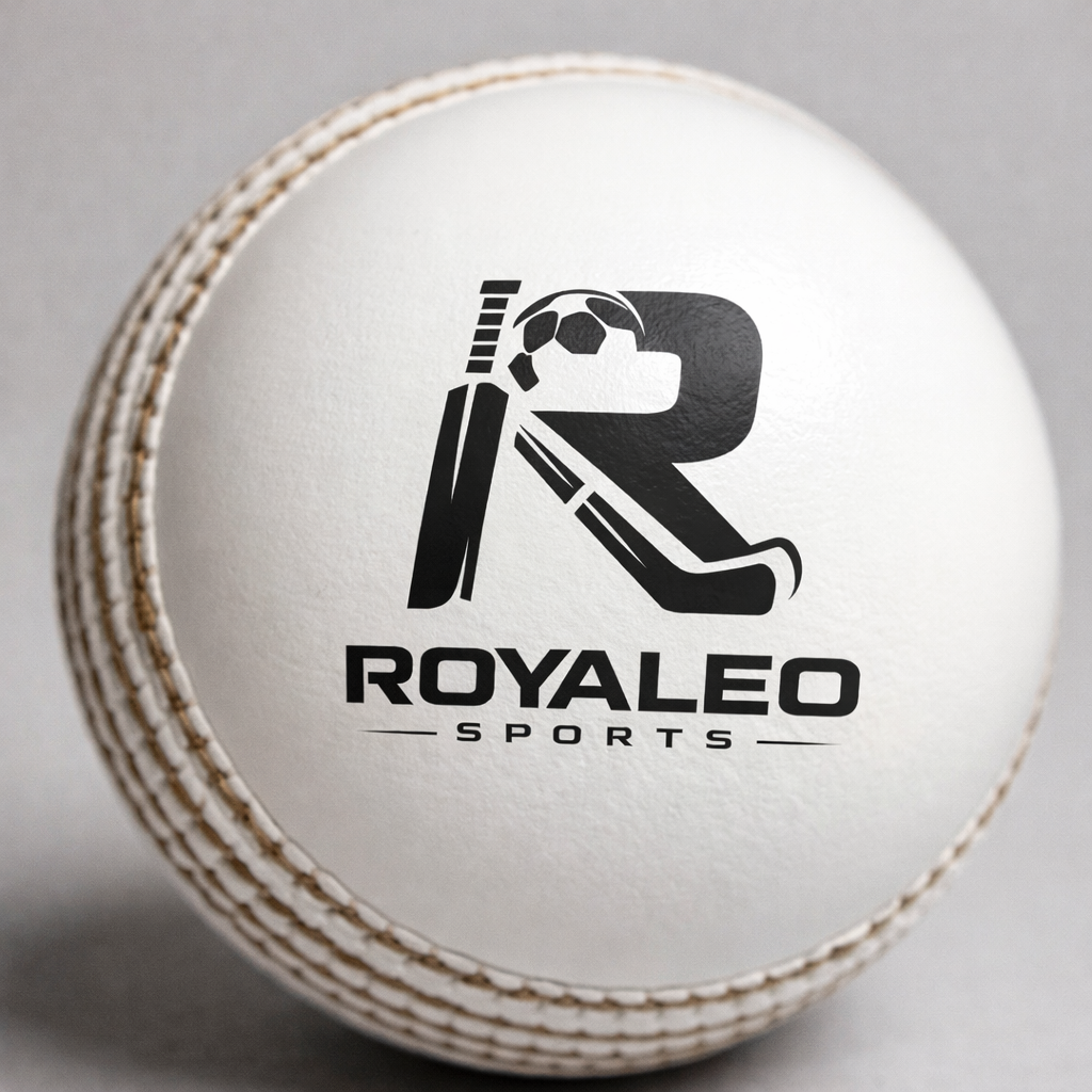 A white leather cricket ball featuring the Royaleo Sports logo with cricket, soccer, and hockey icons.