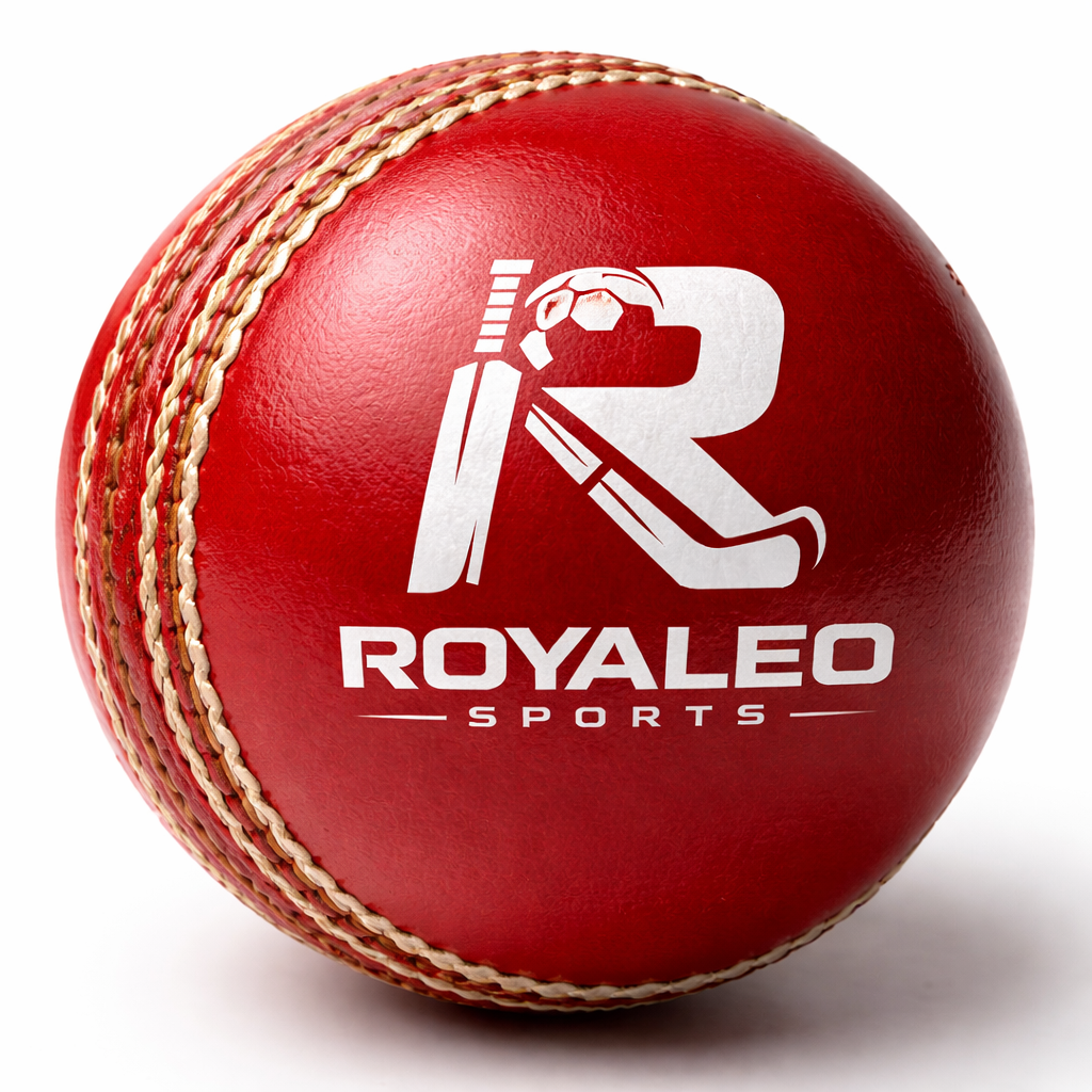 A shiny red Royaleo Sports cricket ball with a white logo and stitched seam on a white background.