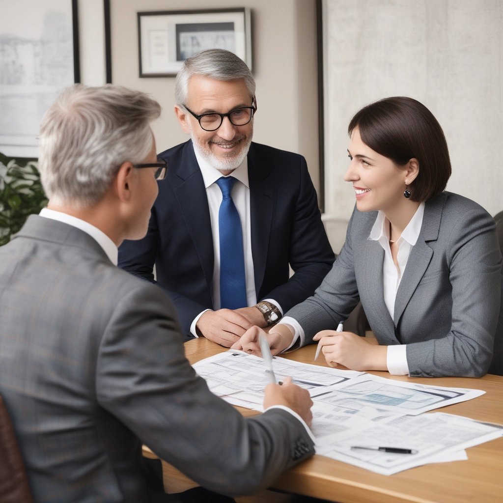A professional financial advisor discussing strategies with clients in a modern office setting.